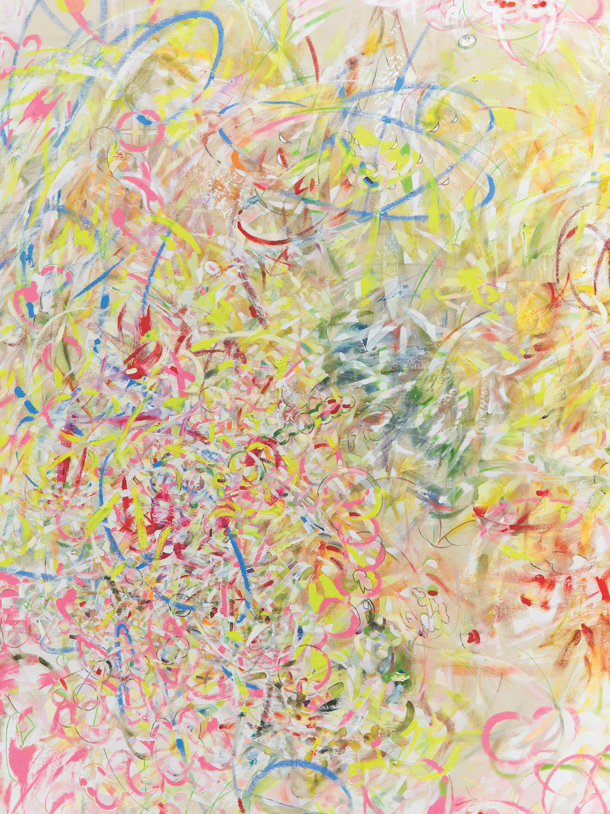 An abstract assemblage of curly lines and squiggles, in yellow, pink, green, blue, and other shades.