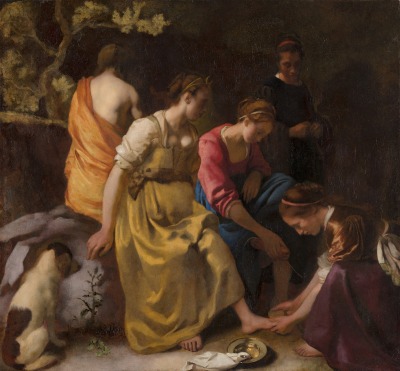 A group of white women seated against a rocky enclave. They are in various states of undress, and the central one, who wears a green dress with her sleeves rolled up, is having her feet washed by a woman in a purple dress. A dog accompanies them.
