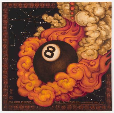 Painted depiction of an eight ball in swirls of muted fire and smoke.