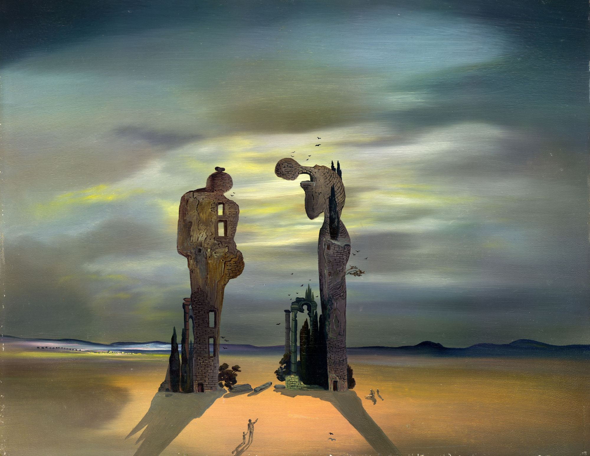 surrealist landscape with two tall figures standing on a sandy ground, with an ominous sky