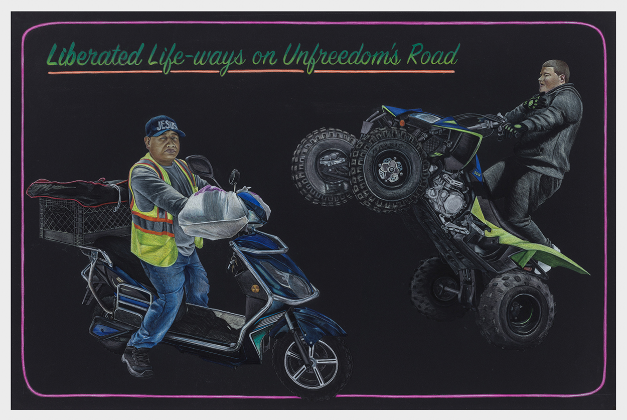 Two dark skinned men ride bikes. One is a delivery driver with bags on his handle bars to warm his hands, a high visibility vest, and a hat that says "jesus." The other is popping a wheelie on an ATV wearing all black.