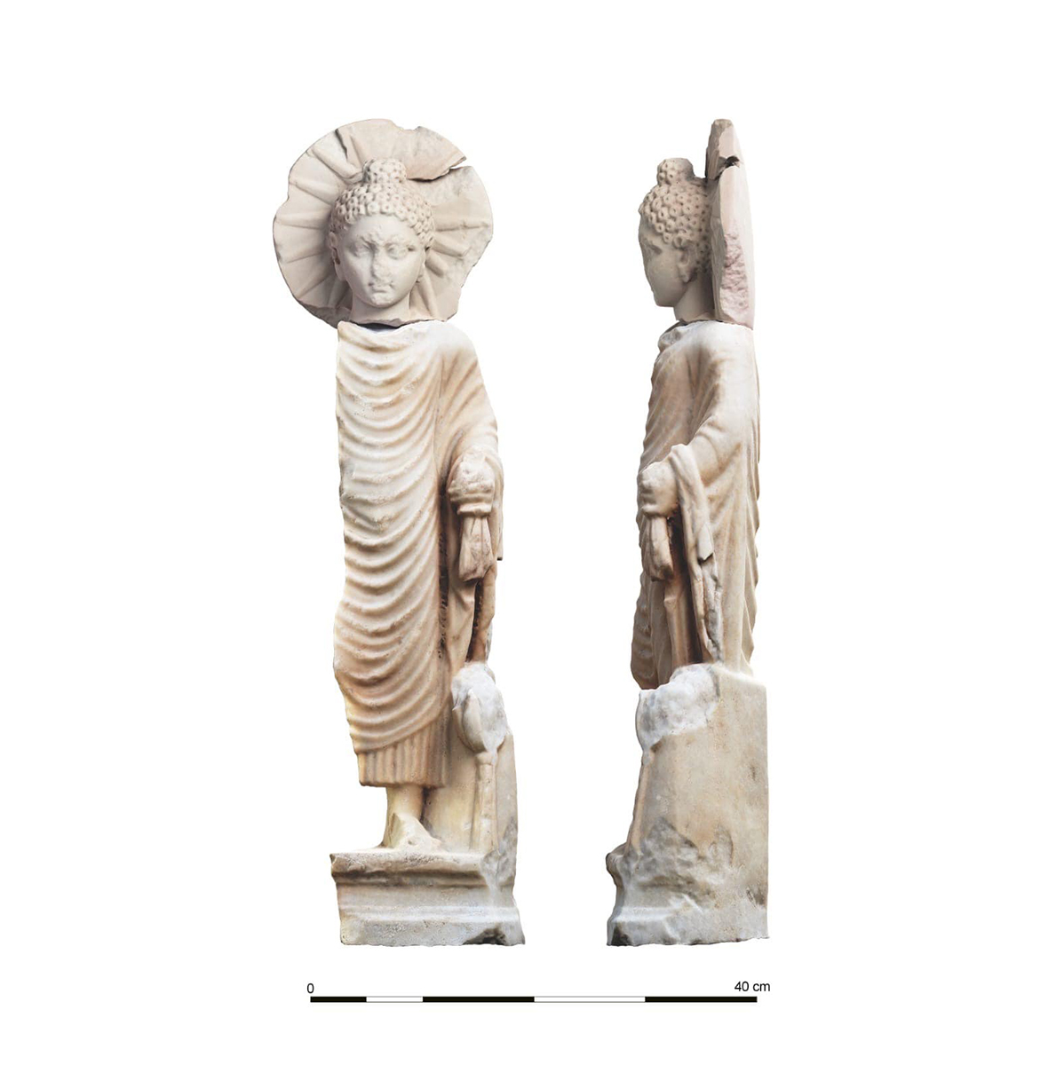 Two views of a Buddha statue found by archaeologists in the ancient Egyptian port city Berenike, 2023.