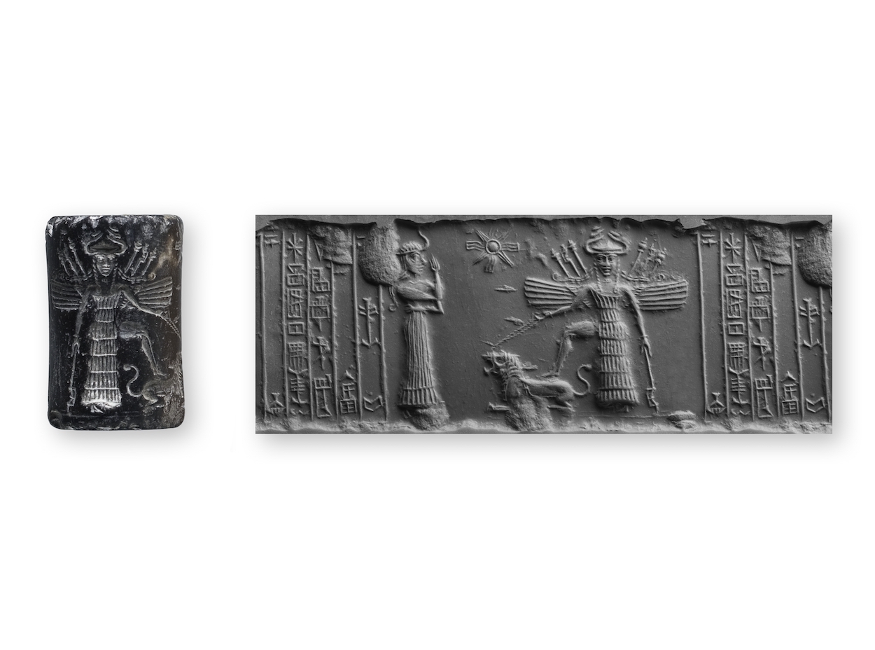 A cylinder scroll is shown to the left of a tablet bearing its impression. Depicted are two goddesses, one facing forward and holding a leashed animal with her wings outstretched. Writing is also visible along the left and right of the tablet.