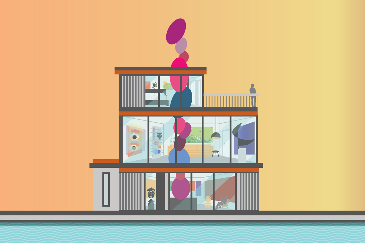 An illustration of a view of the exterior of a three-level modernist home that is filled with art. A large sculpture made of multicolored ovals rises through all three levels and out of the roof. A figure stands on the third-floor balcony. There is a pool in front and it is sunset.