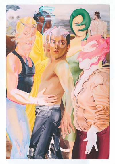 A painting of seven figures, the central one a shirtless male with a pink mask on his face and a guy in a black tanktop nearby grabbing his torso.