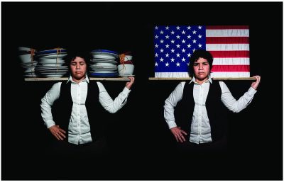 Two images of a person in white shirt and black vest, on the left, balancing a pile of dishes on their shoulders with eyes closed, and on the right, an American flag with their eyes open.