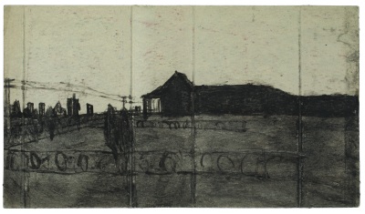 A dark drawing of a house on the horizon with other buildings in the distance.