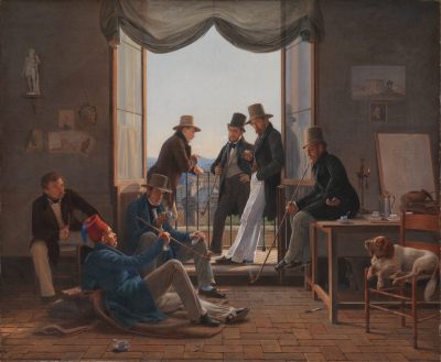Painting of seven men in tall hats sitting and standing around open French doors.