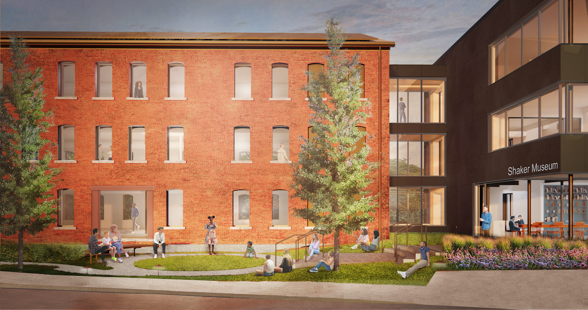 An architectural rendering depicts a brick building with rows of windows at left and a modern add-on with a brown exterior and floor-to-ceiling windows at right.
