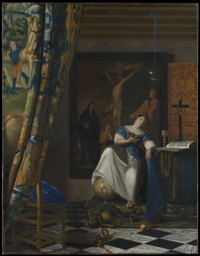 A white woman sits with one leg kicked up on a globe at her feet. She leads on a table with one arm and clutches her other to her breast. The table has a crucifix, a goblet, and an open book on it. On the floor is a snack that has been severed, spraying blood across the tiles. Behind her is a large painting of a crucifixion scene. A glass orb hangs over her head. A curtain featuring a pastoral scene has been pulled back to reveal this tableau.