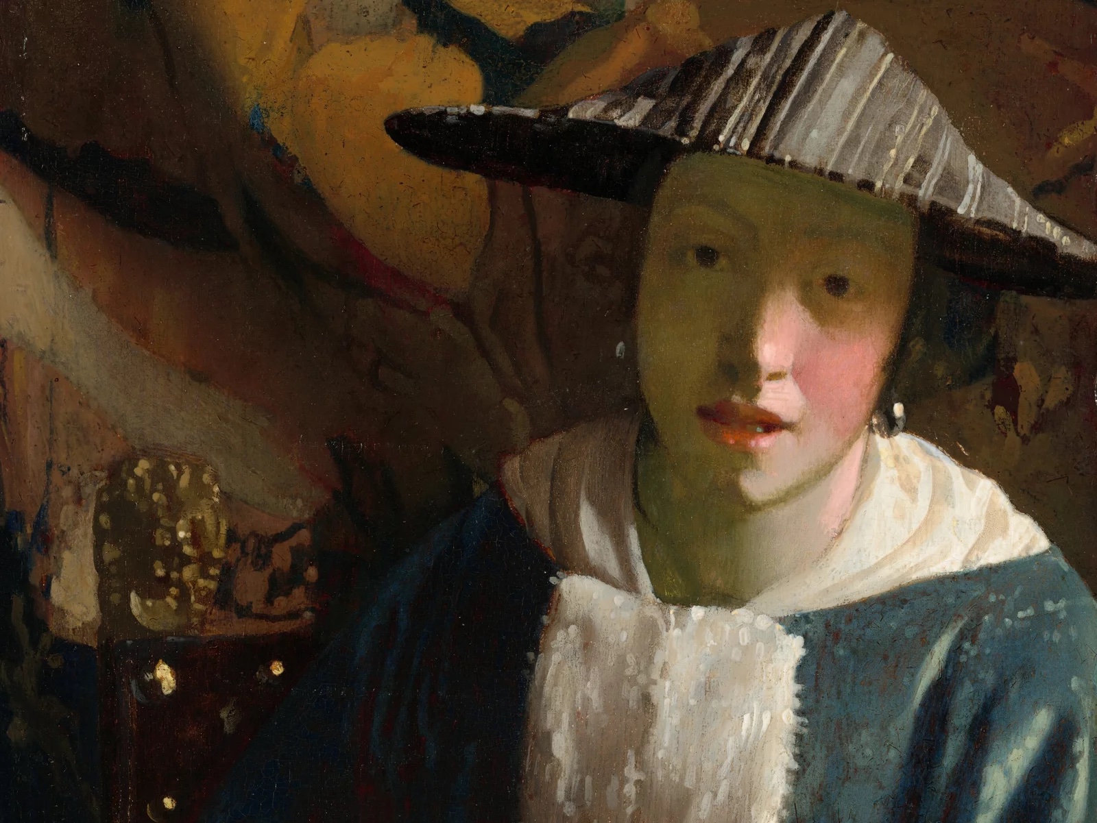 A painting shows a woman in a hat looking out of the picture. She sits in. a dark room.