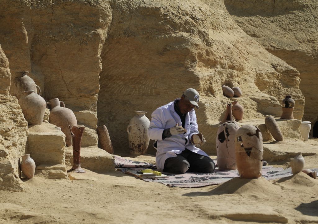 GIZA, EGYPT - JANUARY 26: An archeologist works in the historical Saqqara region, which is home to the majority of historical artifacts from ancient Egypt, in Giza, Egypt on January 26, 2023. The tomb of Pepi I and Hakka Shibs, sculptures belongs to his priestess and pottery artifacts from the era of pharaohs have been found. (Photo by Fareed Kotb/Anadolu Agency via Getty Images)