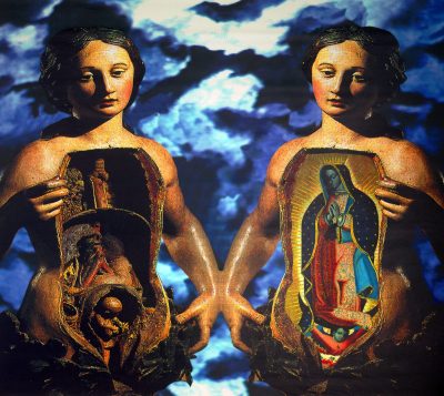 A double image of a female statue. On the left, her body cavity is open and reveals organs and a fetus. On the right, she holds an image of Our Lady of Guadalupe.