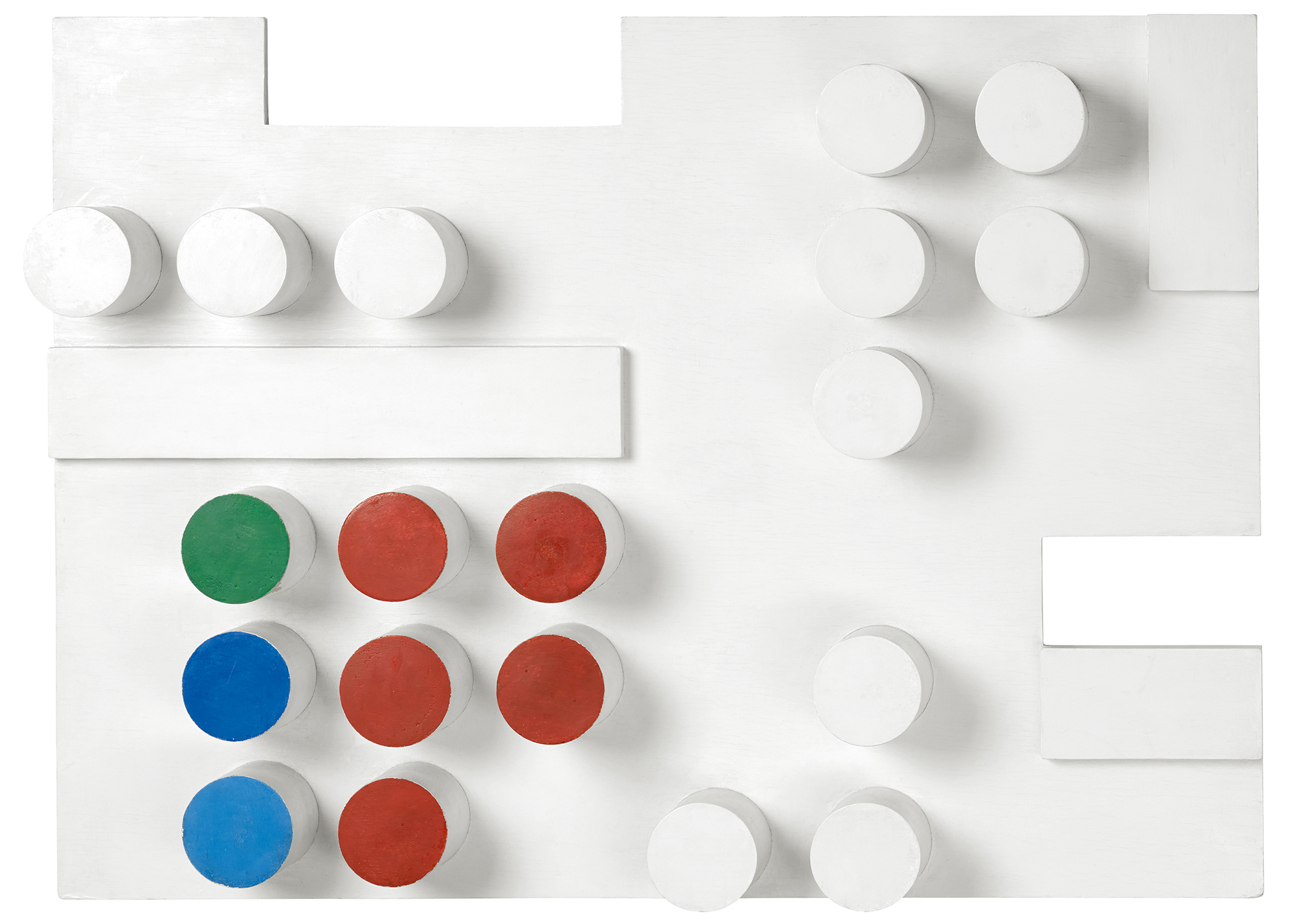 A horizontal composition is mostly white and includes numerous rounded pegs protruding from the support. A few of these protruding pegs at lower left are colored blue, green, and red.