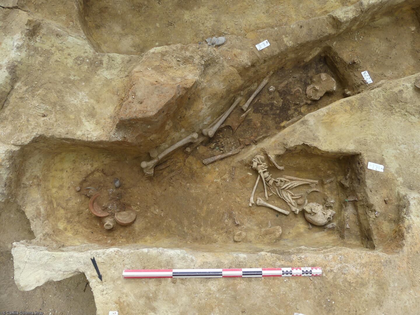 Two skeletons buried at different depths.