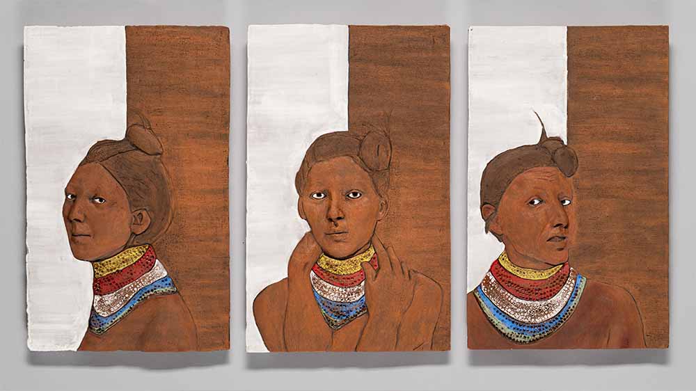 Jessica Osceola (Seminole/Irish, b. 1984), Portrait One, Portrait Two, and Portrait Three, 2017,
