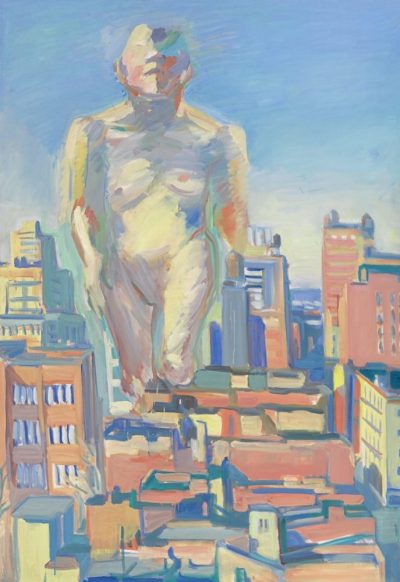 Painting of a large female figure walking among and towering over city buildings.