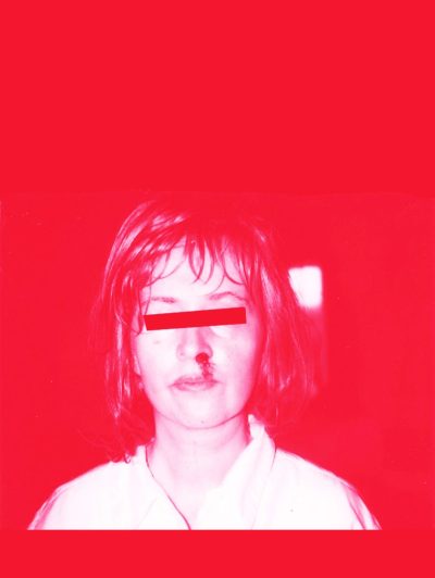 An overall red photo of a woman with a bloody nose and a black bar over her eyes.