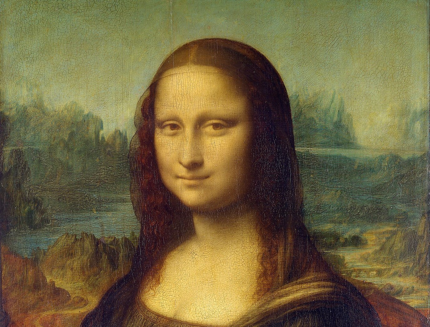 In a painting, a woman is seen from just above her chest. She gazes at the viewer with a mysterious smile, and a deep landscape looms behind her.
