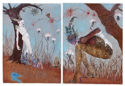 diptych collage showing figures set amid trees in a landscape