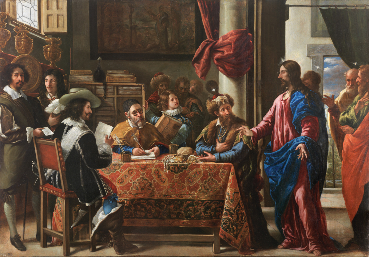 A group of men sit around a table in a lavish interior, looking toward Christ standing in red and blue robes.