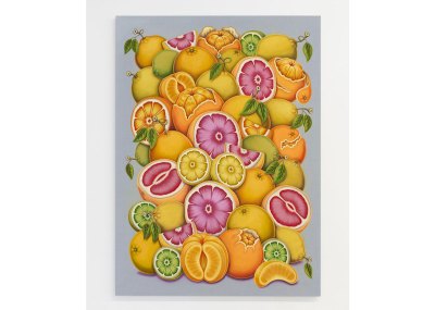 A vertical painting showing a grouping of citrus fruits that have been sliced and peeled open.