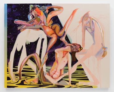 large-scale figurative painting with several abstracted, twisted nude figures