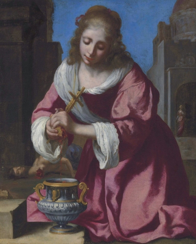 A kneeling white woman in a pink dress holding a crucifix and an object that drips blood on a step near her legs. She looks down toward the vessel. Behind her is a white man with one arm severed and another passerby who walks beneath an archway. A bright blue sky appears above her.