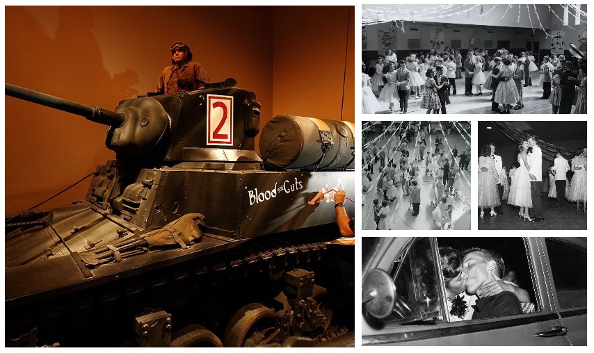 a photo collage of a WWII era tank and pictures of prom goers during the first half of the 20th century