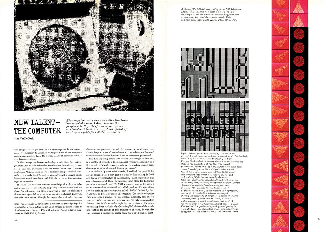 spread from an archival article showing a black and white photo of a man drawing on a computer screen on the left and colorful film strips on the right
