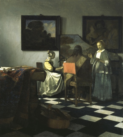 A white woman in a dress sits at a piano whose underside is painted with a landscape. A man sits closer to her at the piano; he is facing away from the viewer. Another white woman standing next to him appears to be singing. They are pictured in the back of a room with a tiled floor. On its walls are a landscape painting and another barely visible painting that shows partiers laughing.