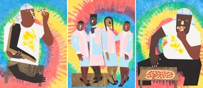 Three images with psychedelic backgrounds. The two outer images each depict a dark-skinned, masculine person eating pizza, and the middle image shows four dark-skinned women in pastel dresses and heels standing in a row.