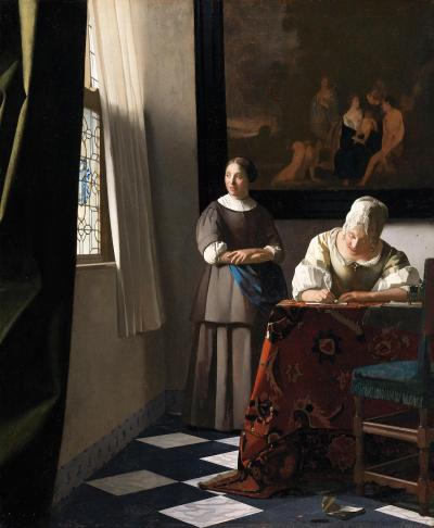 A white woman wearing a white head covering and a white dress sits at a table, writing a letter on a table covered in a red cloth. Another chair has been pulled out from the table, and a paper has fallen to the floor. Nearby, a woman gazes out of a window whose white curtain has been pulled open. Behind them is a partly visible painting of a grouping of figures.