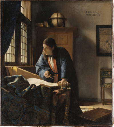 A standing white man hunches over a desk while holding a protractor in one hand. His other hand grips a corner of the desk, which has on it some paper. He stands before a chest of drawers that has on top of it a globe and some books. A painting hangs on a wall behind him. Light comes in through a nearby window.