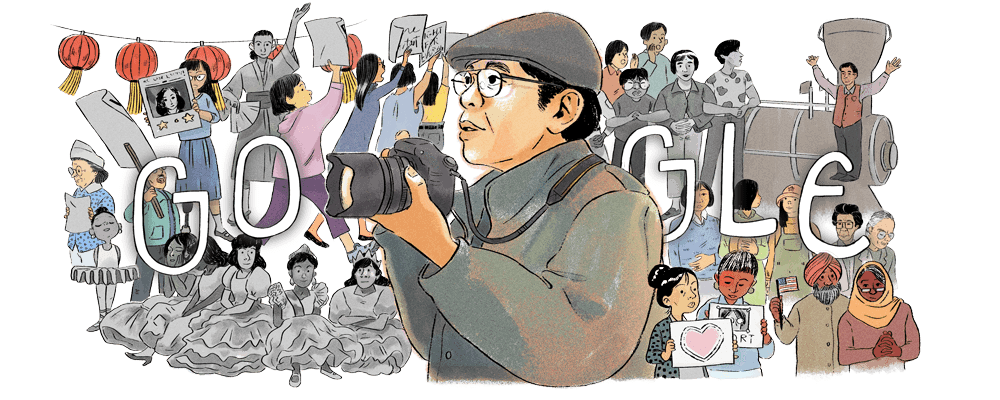 An illustration shows Chinese American photographer Corky Lee in front of several diverse scenes of Asian Americans, including descendants of Chinese railroad laborers.