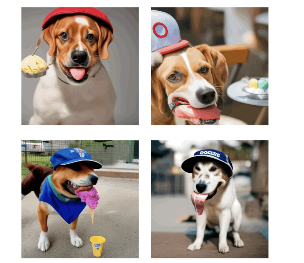 A dog wearing a baseball hat eating ice cream.